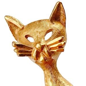 VTG Mid Century Brooch Textured Gold Tone Modernist Cat Sculptural Figural Pin